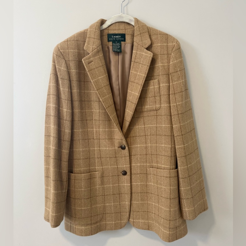 Vintage Lauren Ralph Lauren Blazer Womens 12 Tan Wool Plaid Jacket